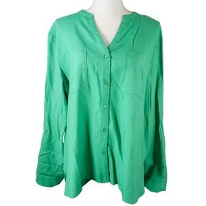 New Nine West Linen Dress Shirt Top Blouse Large Green Summer Preppy Career NWT